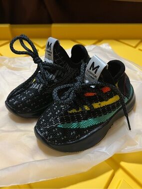 MNM Fashion Black Knit Kids Sneakers with Green, Yellow & Orange Accents